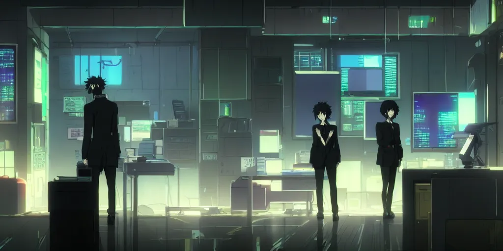 Image similar to an atmospheric empty quiet quiet after hours cyberpunk police office office in the cyberpunk neon noir anime film, Shichiro Kobayashi and makoto shinkai, screenshot in the anime series ergo proxy ergo proxy ergo proxy and Detroit metal city, interior