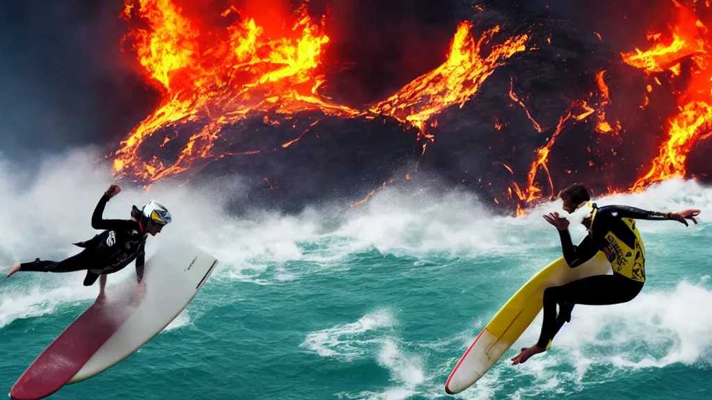 Image similar to person wearing a sponsored team jersey with logos jumping out of a helicopter with a surfboard into a volcano, action shot, dystopian, thick black smoke and fire, sharp focus