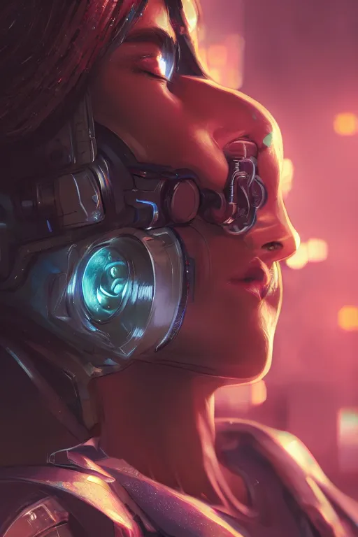 Prompt: beautiful close - up portrait of a cyborg mercenary girl, art by wlop and artgerm and liam wong, cyberpunk, neon, lens flare, elegant, highly detailed, trending on artstation, sharp focus, caustics, octane render, radiant light, 4 k