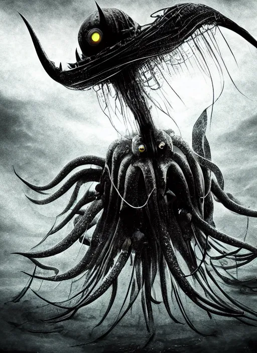 Image similar to bigfin squid, horror style, digital art, monster, ominous underwater environment, dark souls, terrifying, epic surrealism