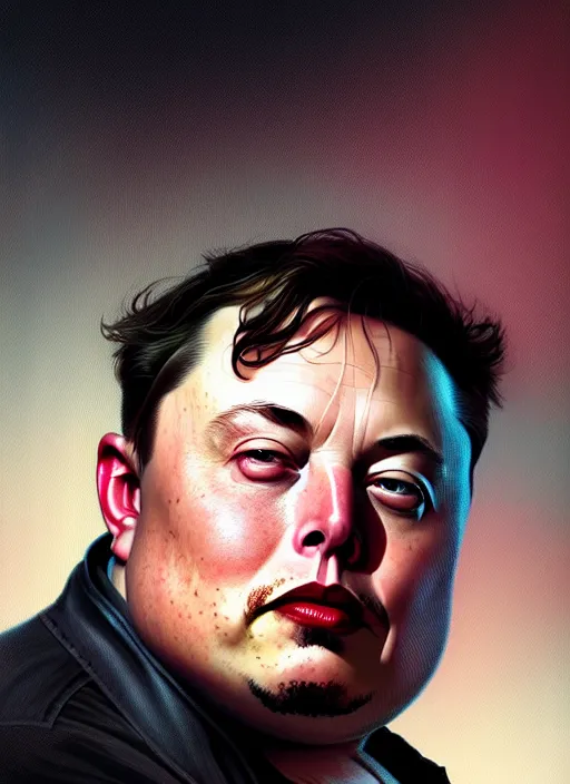 Image similar to obese elon musk, portrait, intricate, elegant, highly detailed, digital painting, artstation, concept art, wallpaper, smooth, sharp focus, illustration, art by artgerm and greg rutkowski and alphonse mucha