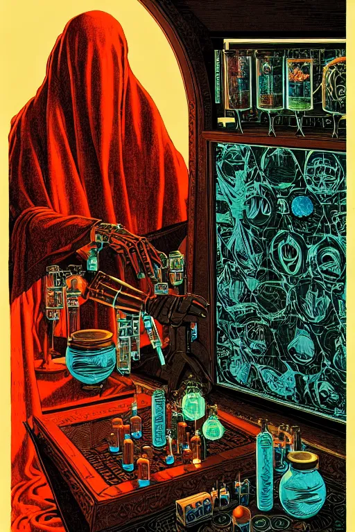 Image similar to ancient cloaked wizards mixing potions in his laboratory, high details, intricately detailed, by vincent di fate, inking, 3 color screen print, masterpiece, trending on artstation,, sharp, details, hyper - detailed, hd, 4 k, 8 k