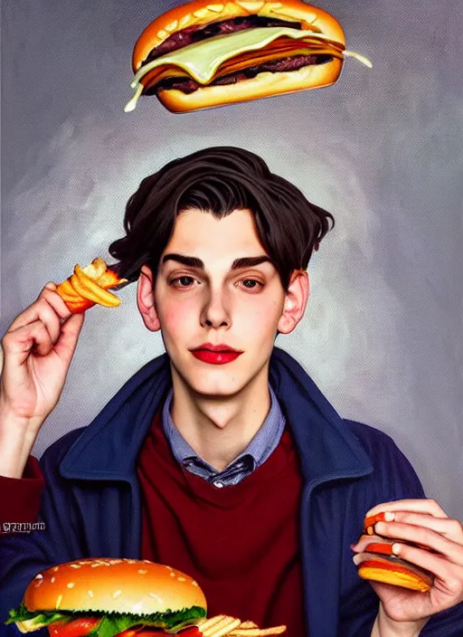 Image similar to oil painting, teenage jughead jones, wears a light grey crown, and devours a hamburger, intricate, elegant, highly detailed, pinocchio nose, lighting, painting, artstation, smooth, illustration, art by greg rutowski and alphonse mucha