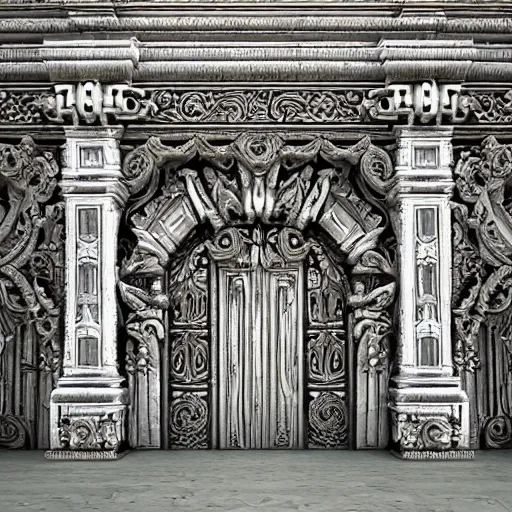 Image similar to ancient fantasy marble gate, neonpunk, mega structure, symmetric, intricate details