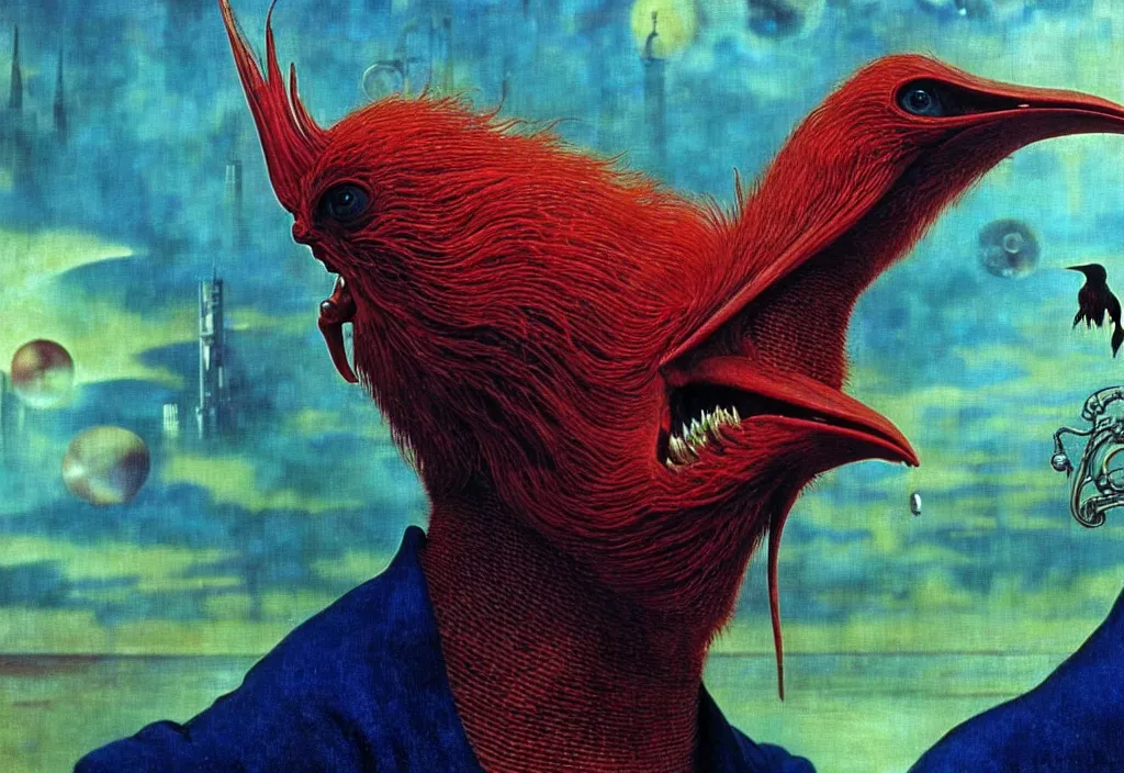 Image similar to realistic detailed portrait movie shot of a screaming birdman wearing black robes, sci fi city landscape background by denis villeneuve, amano, yves tanguy, alphonse mucha, ernst haeckel, max ernst, roger dean, masterpiece, rich moody colours, dog teeth, blue eyes