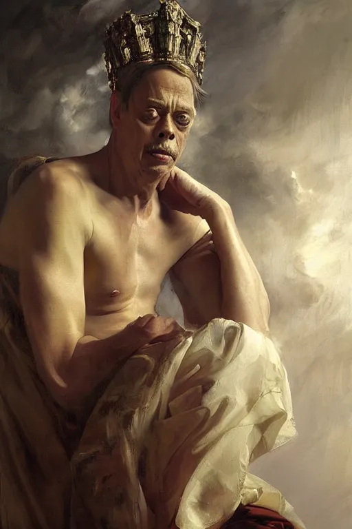 Image similar to beautiful oil painting portrait of ancient roman god emperor steve buscemi wearing the civic crown levitating and ascending religious pose, ascension, art by anders zorn, wonderful masterpiece by greg rutkowski, expressive brush strokes, beautiful cinematic light, american romanticism by greg manchess, jessica rossier