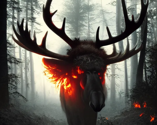 Image similar to 5 5 mm portrait photo of a demonic heavily burning moose with red eyes and antlers and looking at the camera, in a magical forest. dark atmosphere. art by greg rutkowski and luis royo. highly detailed 8 k. intricate. lifelike. soft light. nikon d 8 5 0.