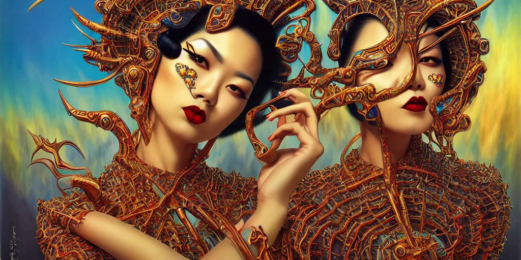 Image similar to giesha demon, innovative avant - garde art, deco fashion, asian women, highly detailed, photorealistic portrait by michael cheval, serene desert setting, crisp quality and light reflections, octane render, taror card with ornate border frame