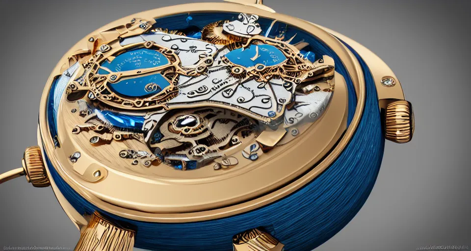 Image similar to a steampunk sleek, jewelled, tropical bird repeater watch by Jaquet Droz, highly detailed illustration highlights, gold and silver highlights, neon blue highlights, macro photography, F/2.8, trending on artstation, octane render