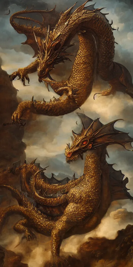 Image similar to Highly detailed and cinematic Renaissance period portrait oil painting of an English dragon, an oil painting ((masterpiece)) by ((Josep Tapiró Baró)), dynamic lighting, 8K