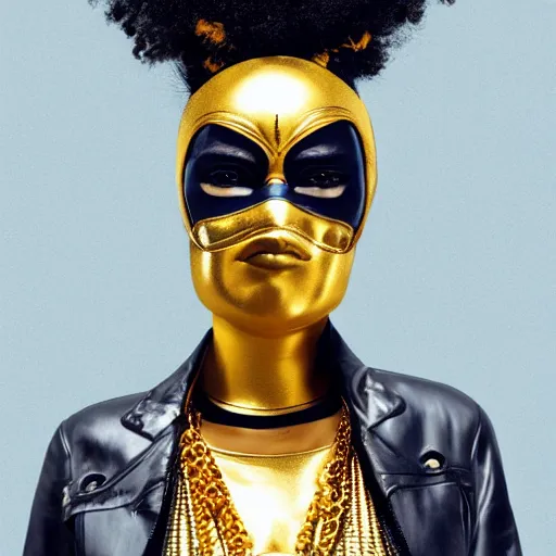 Prompt: afrofuturist woman in a crowded street wearing gold jewelry and a mask that covers the whole face, simple, cyberpunk, far shot, full body shot, costume, 1970s X-Men art style