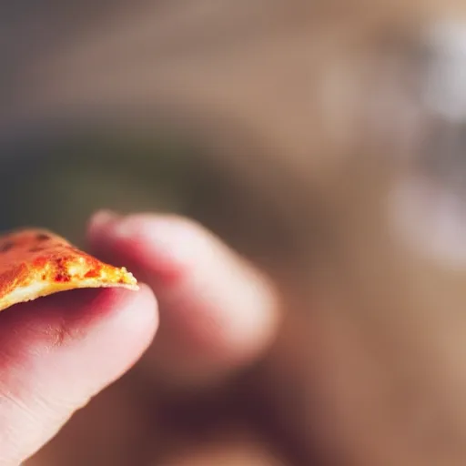 Prompt: a tiny pizza in the palm of somebody's hand, extreme close up, macro lens