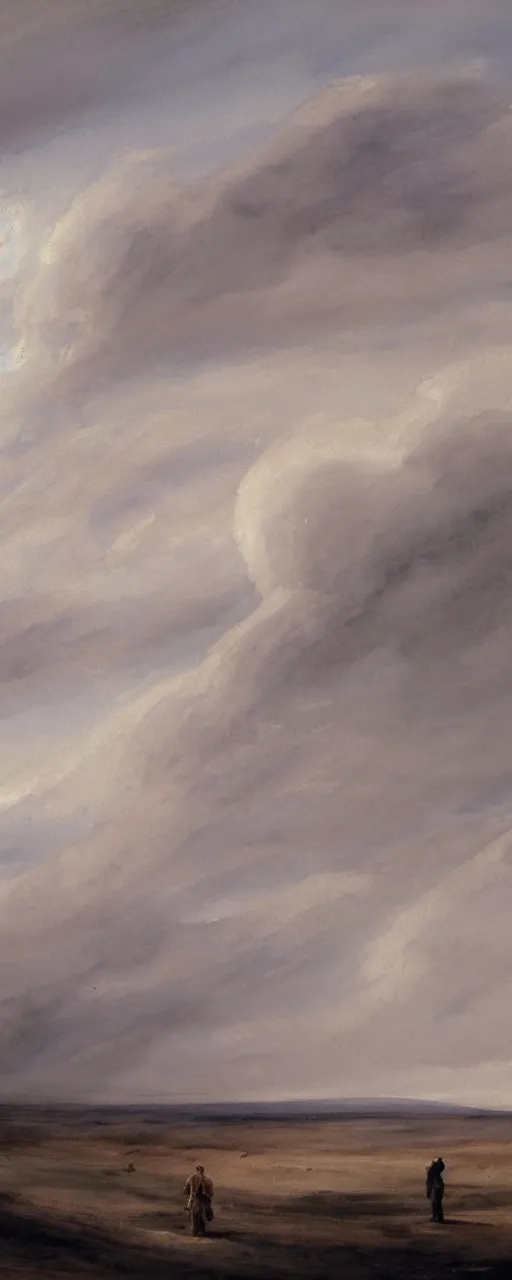 Image similar to a beautiful watercolor painting of a white barren landscape, gigantic mushroomshaped cloud in the horizon, an angel standing still, human figures standing still, ash and meteors falling from the sky, in the style of paul sandby and antonio guidotti, 8 k, trending on artstation, pastel color scheme