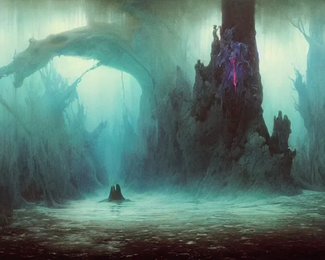 Image similar to the first sight after death, underwater scene, painted by zdzislaw beksinski and artgerm and greg rutkowski and alphonse mucha and rene laloux