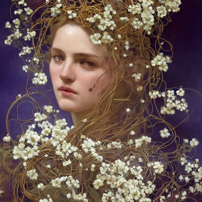 Prompt: hyperrealist portrait of a 2 0 4 4 space sport engineer, it is decorated with long gold and steel wires and white flowers that fall like vines and wears a huge computer crown. by jeremy mann and alphonse mucha, fantasy art, photo realistic, dynamic lighting, artstation, poster, volumetric lighting, dramatic light, very detailed faces, 8 k, award winning