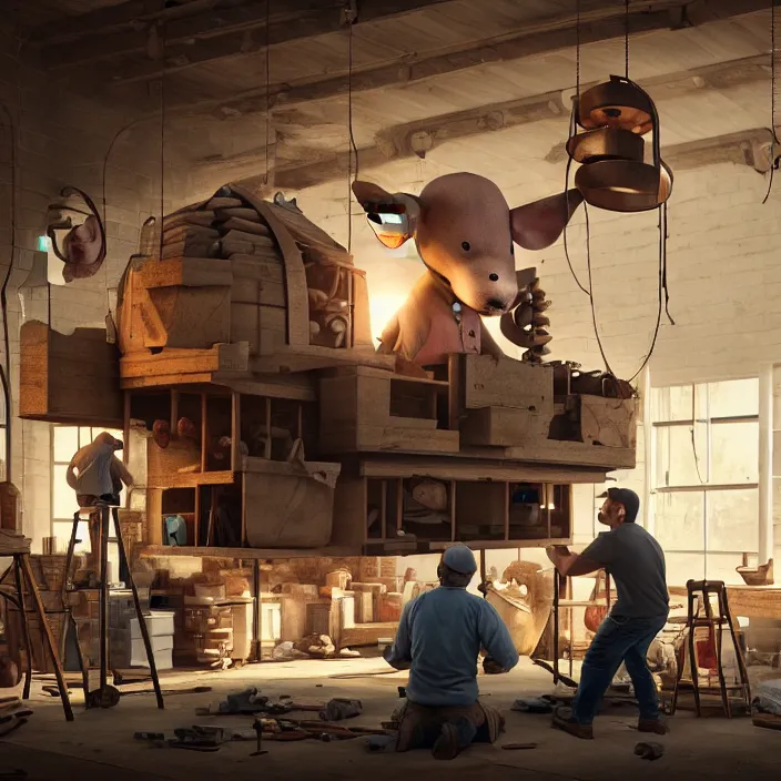 Image similar to crew of workers building giant mouse movie prop head in quaint workshop, octane render, 4 k ultra hd, hyper - detailed, realistic, seedy lighting, sharp focus, in style of beeple