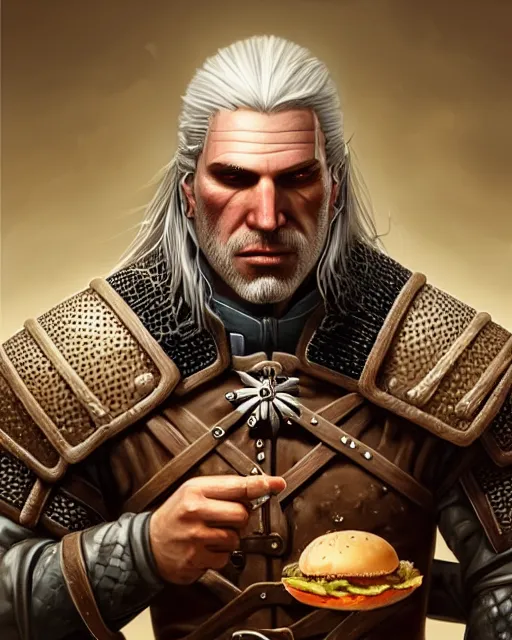 Prompt: portrait of geralt of rivia stuffing a hamburger in his mouth, fantasy, intricate, elegant, highly detailed, digital painting, artstation, concept art, smooth, sharp focus, illustration, by artgerm and greg rutkowski