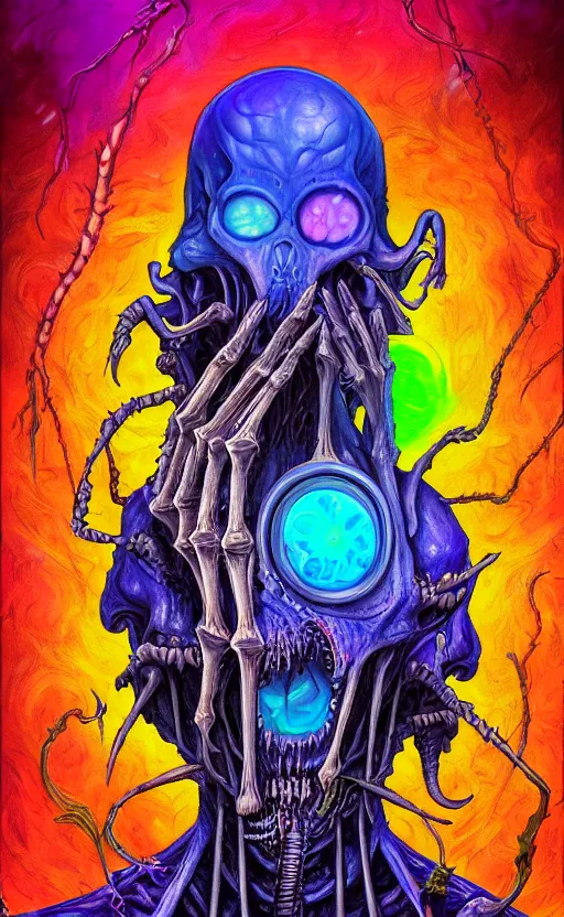 Prompt: a psychedelic portrait of omin dran, skeletal, mind flayer, psion, vibrant color scheme, highly detailed, in the style of romanticism, very realistic, 4 k, photorealistic, dramatic lighting