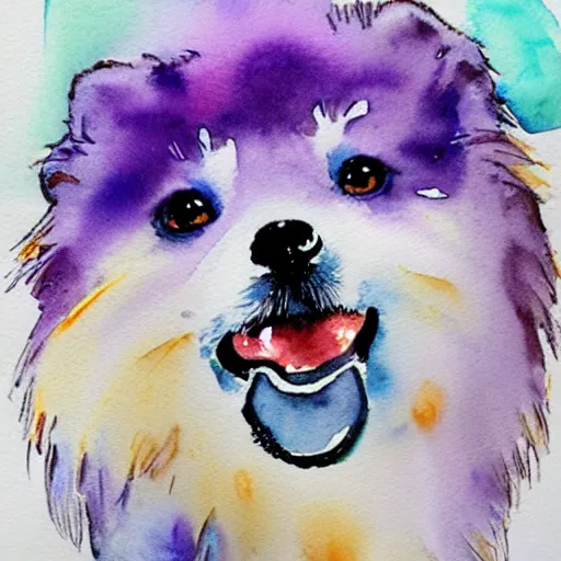 Prompt: purple pomeranian barking excitedly, beautiful watercolor painting