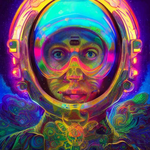 Image similar to An extremely psychedelic experience, colorful, surreal, dramatic lighting, cosmonaut, LSD, face, detailed, intricate, elegant, highly detailed, digital painting, artstation, concept art, smooth, sharp focus, illustration, art by Sam Spratt, Dan Mumford, Artem Demura and Alphonse Mucha