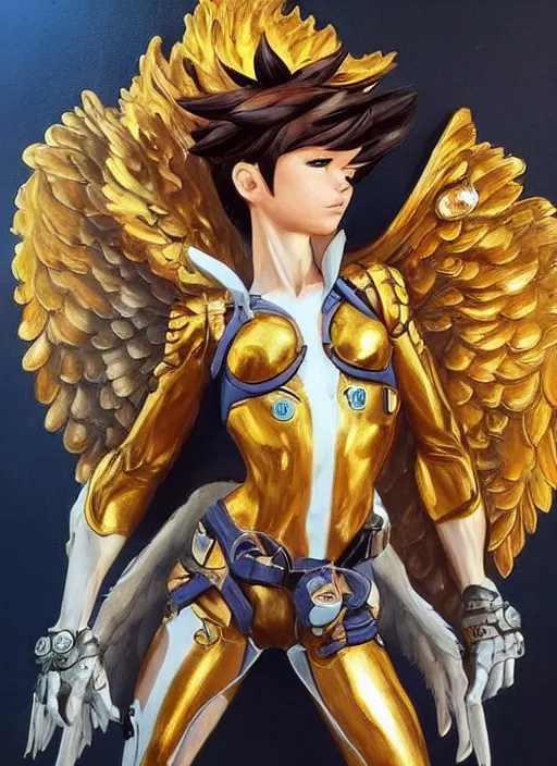 Prompt: full body oil painting of tracer overwatch in the style of frank frazetta, angel wings, angelic golden armor, dramatic painting, symmetrical composition, ornate, golden chains, high detail, gold detailed collar!!!!!, blooming, angelic, lights, flowers, heavenly, bright, detailed face,