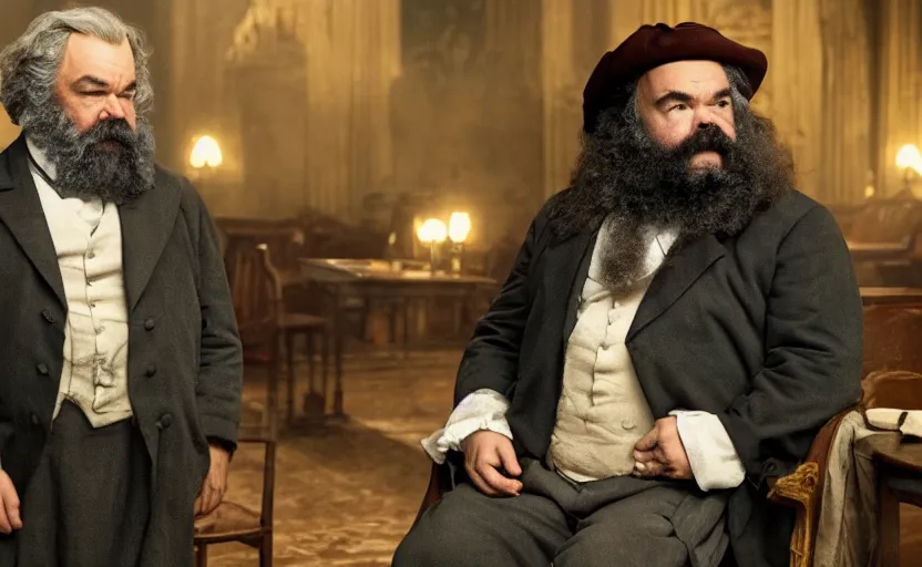 Image similar to Jack Black as Karl Marx in 'Marx' (2018), movie still frame, oscar nominated cinematography, volumetric lighting, 8k resolution, beautiful composition