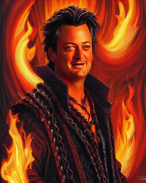 Prompt: The Fire King, beautiful young Matthew Perry, fire, flames, dramatic, hyperdetailed | donato giancola, ralph horsley, Artem Demura | waist-up portrait | dungeons and dragons