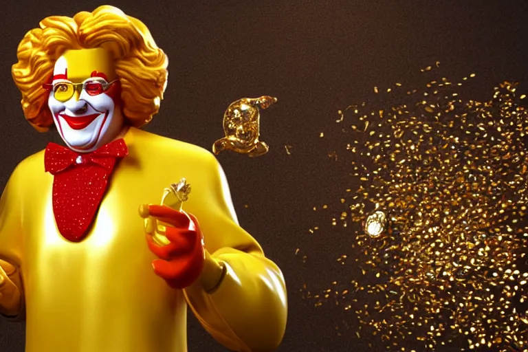 Image similar to a still of ronald mcdonald surrounded by gold and diamonds, award - winning, photograph, 3 d render, unreal engine, 4 k detailed