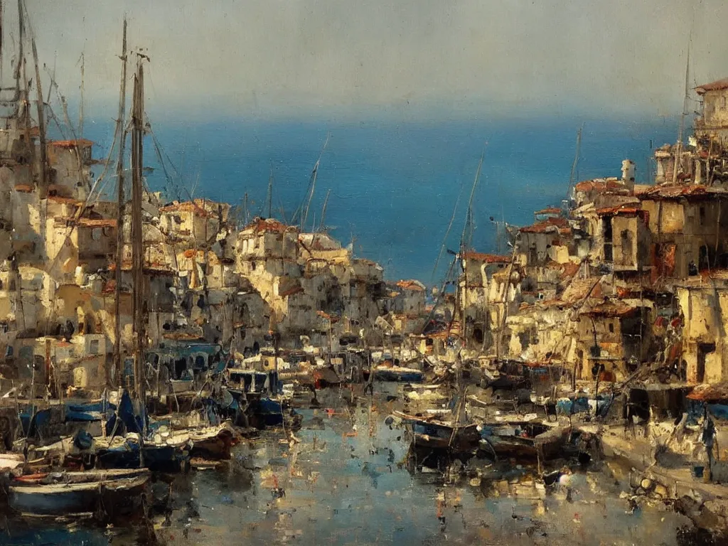 Prompt: a detailed, precise oil painting of a beautiful Mediterranean fishing village by Jeremy Mann,