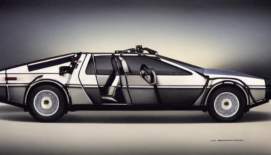 Prompt: DeLorean minivan as designed by Ford concept by Syd Mead, full color catalog print