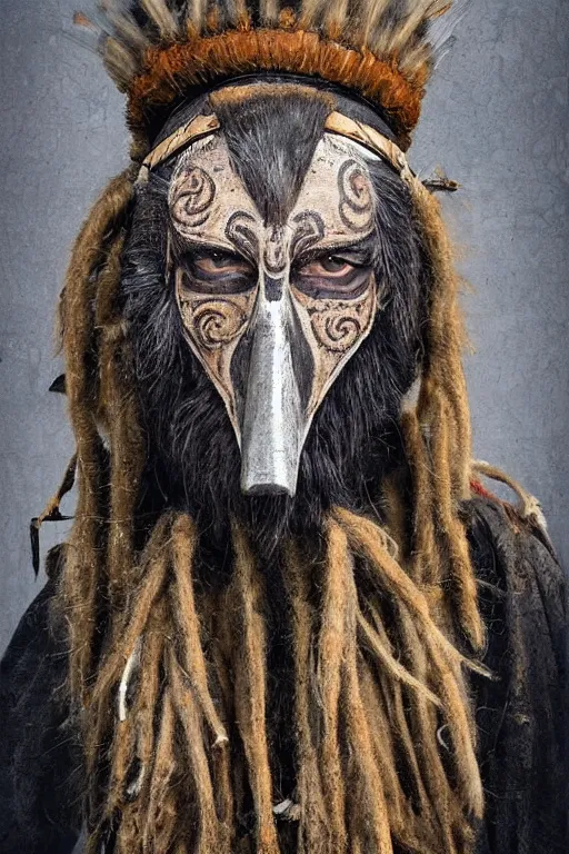 Image similar to portrait, headshot, digital painting, an old shaman in slavic wooden painted ritual mask, crow feathers, dreadlocks, realistic, hyperdetailed, chiaroscuro, concept art, art by frans hals