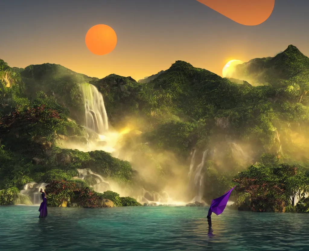 Image similar to a low-poly render of a big purple hand holding the orange setting sun on the ocean horizon. a green tinted transparent beckoning lady in front of a waterfall. a cream colored abandoned building featuring two statues and pitch black periphery. a prehistoric jungle scene with a mountain in the background.