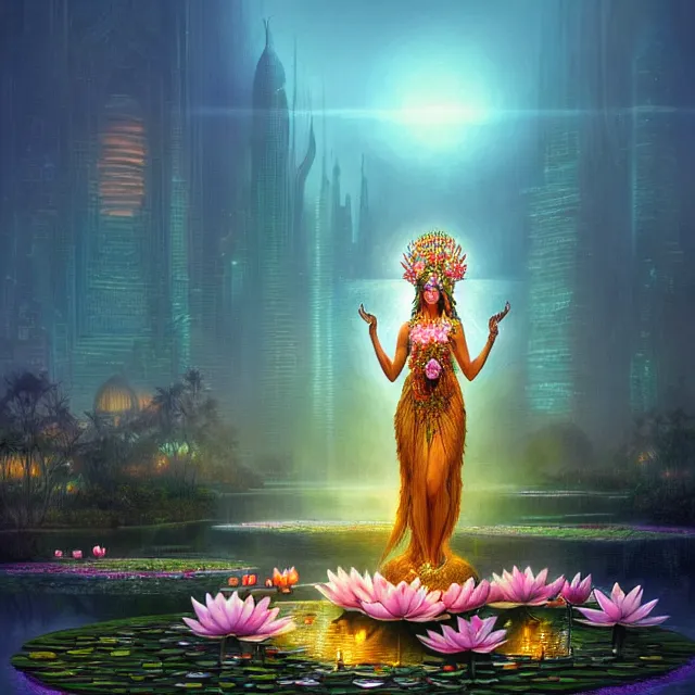 Image similar to Beautiful 3d render of the flower queen goddess near a pond full of lotus, atmospheric lighting, painted, intricate, volumetric lighting, beautiful, sharp focus, ultra detailed, in the art style of Dan Mumford and marc simonetti, with a clear crowded futuristic cyberpunk dubai city in the background, astrophotography