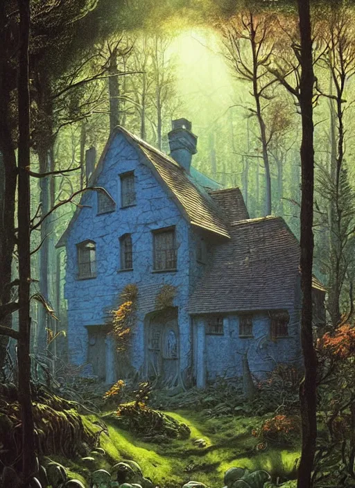 Image similar to hyper realistic witch cottage with mood lighting and technology in the woods gorgeous lighting, sunbeams blue sky, highly detailed, lush forest foliage painting by zdzisław beksinski and norman rockwell and greg rutkowski weta studio, and lucasfilm