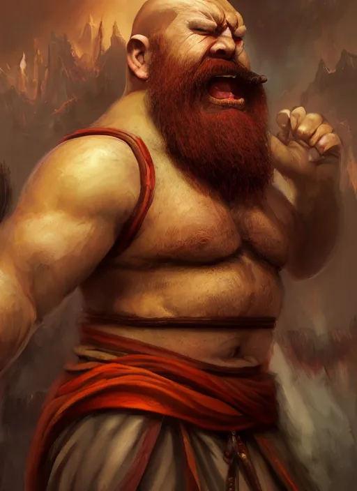 Image similar to Angry Dwarven Monk, Bald, Red Beard, Jumping, Ivan Aivakovsky, Boris Vallejo, epic fantasy character art, D&D Concept Art, full length, Realistic, Regal, Refined, Detailed Digital Art, Oil Paining, Exquisite detail, post-processing, masterpiece, Cinematic Lighting, Unreal Engine, 8k, HD