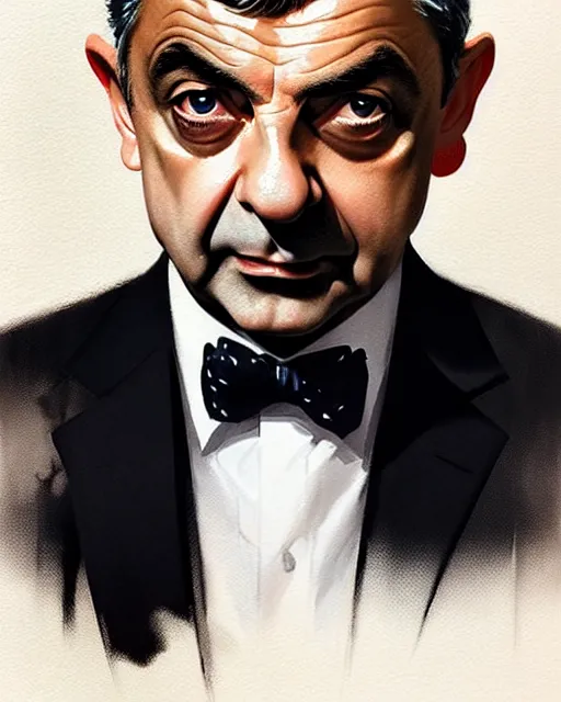 Image similar to rowan atkinson as james bond, suave looking, fine details, realistic shaded lighting poster by greg rutkowski, magali villeneuve, artgerm, jeremy lipkin and michael garmash and rob rey