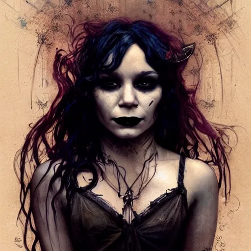 Image similar to beautiful portrait of vanessa hudgens as death from sandman, smiling, by cedric peyravernay, alphonse mucha, by jeremy mann, by lecouffe deharme, goth chic, soft lightning, eyeliner, punk rock, high detailed, 8 k