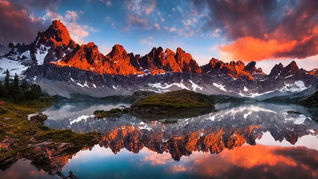 Image similar to amazing landscape photo of mountains with lake in sunset by marc adamus, beautiful dramatic lighting