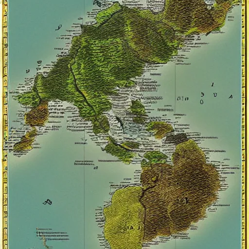 Image similar to isometric view of southeast asia, high - detail, high accuracy, in style of middle earth map, lord of the ring, fantasy,