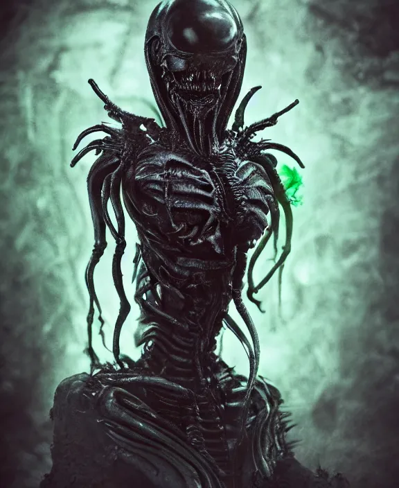 Image similar to xenomorph queen goth model hybrid, dragon eggs, dark emerald mist colors, giger background liminal void, cinematic lighting, realistic, award winning photograph, various refining methods, micro macro autofocus