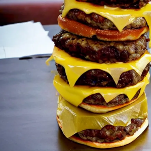 Image similar to a cheeseburger tower made of gigantic stacks of meat patties and cheese slices with a bun on each side, delicious looking burger - stack - tower