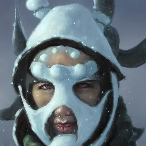 Image similar to fantasy snow bandit ‘ icewind dale ’ with mask, snow scene, ‘ icewind dale 2 ’ profile portrait by ‘ justin sweet ’, falling snow, soft focus, oil paint