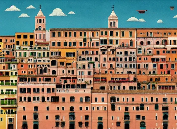 Image similar to symmetry!! italian city, a beautiful painting representative of the art style of wes anderson and spike jonze