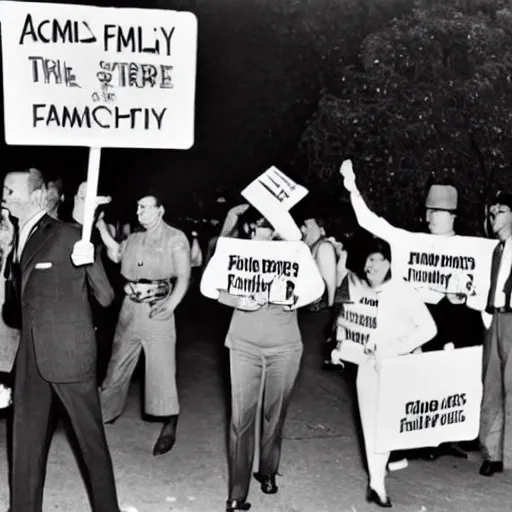 Image similar to 1 9 6 0 s protestors holding signs protesting against the tv show family guy