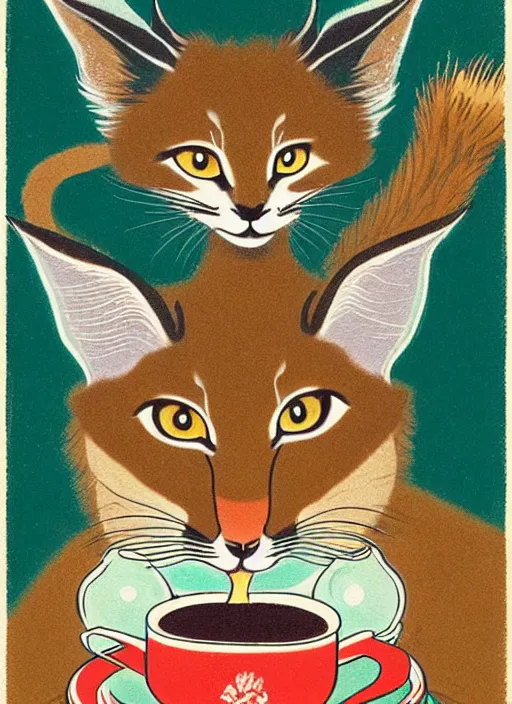 Prompt: an extreme close - up portrait of a cute fluffy caracal drinking tea, samovar, by billy childish, thick visible brush strokes, shadowy landscape painting in the background by beal gifford, vintage postcard illustration, minimalist cover art by mitchell hooks