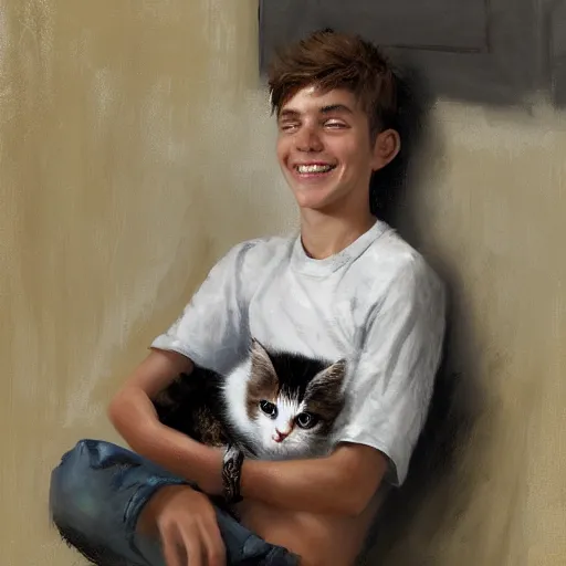 Prompt: a teenage boy smiling at the kitten in his lap. By Craig Mullins and Jordan Grimmer