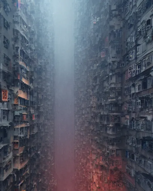 Image similar to poor buildings, hong kong buildings, kowloon, slums, night, cyberpunk, fog, rain, dramatic lighting, depressing, dystopia, trending on Artstation, 8k, highly realistic, hyper detailed, unreal engine 5, IMAX quality, realistic, cinematic, epic lighting, realistic, Matte Painting, masterpiece,