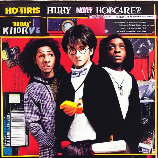 Prompt: harry potter 1 9 9 0 s hip hop album cover, magazine photo, 8 k,