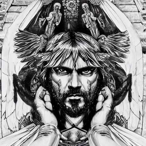 Image similar to 4K headshot portrait of godlike Pimp of Nazareth with defined arms and open hands and bloody clothes with giant mandala wings , intricate face , flawless anime cel animation by Kentaro Miura, psychedelic , highly detailed upper body , professionally post-processed , beautiful, scary, symmetry accurate features, epic, octane rendered, anime masterpiece, accurate by Craig Mullins, ilya kuvshinov, krenz cushart, epic , artgerm trending on artstation by Edward Hopper and Dan Mumford and WLOP and Rutkovsky, beksinski carl spitzweg moebius and tuomas kocar, intricate artwork by caravaggio, Unreal Engine 5, Lumen, Nanite