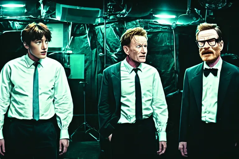 Image similar to film still of jungkook and bryan cranston in cosmic horror! the musical by david cronenberg, horror sci fi, 3 5 mm film, atmospheric, ultra fine detail, film grain, photorealistic